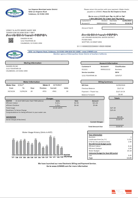 USA California Las Virgenes Municipal Water District business utility bill template in Word and PDF formats